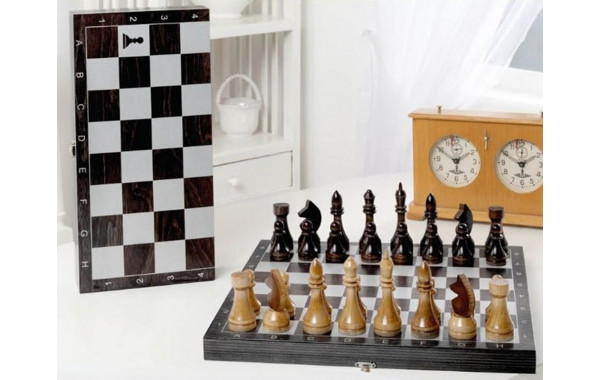 Шахматы гроссмейстерские деревянные с черной доской, рисунок серебро 182-18 600_380